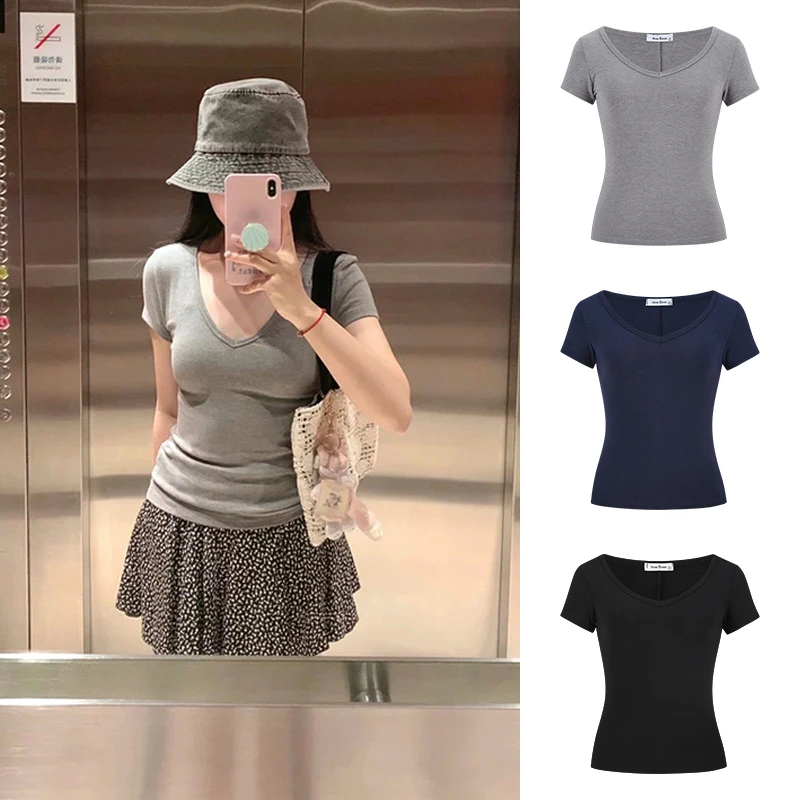 Moses Queen/魔西女王时髦正肩短袖T恤圆领V领收腰显瘦气质上衣