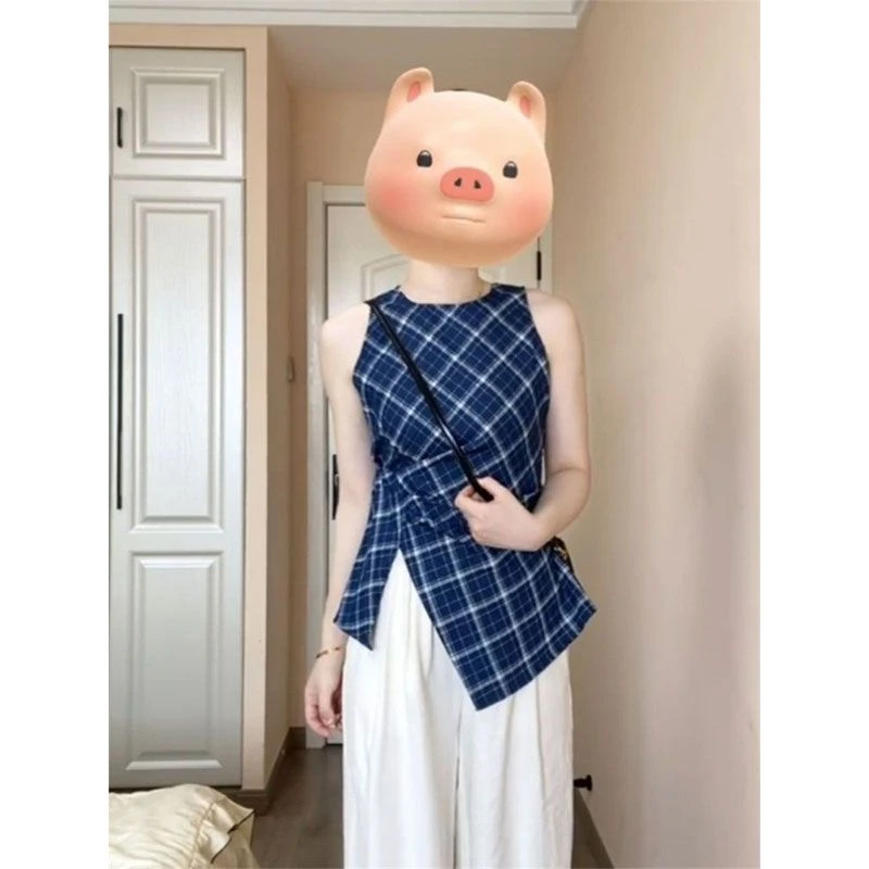 法式复古蓝色格子无袖背心女夏季新款不规则收腰显瘦修身减龄上衣
