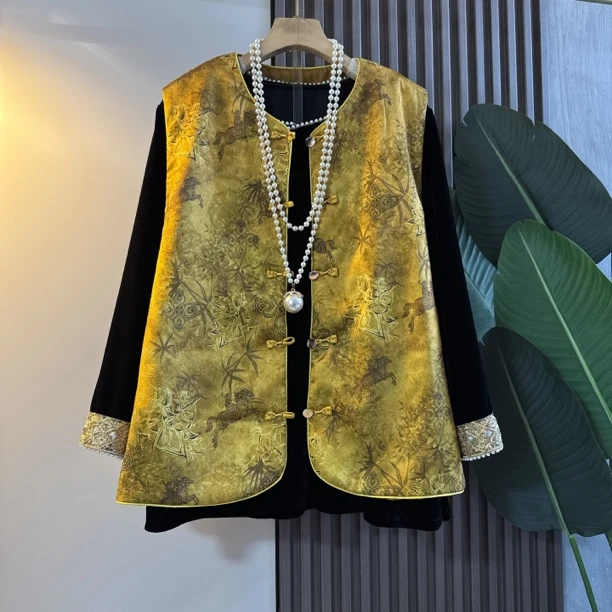 新中式轻奢国风大码女装盘扣拼接丝绒复古优雅宽松马甲套装