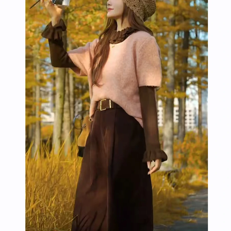 秋季时尚穿搭2025新款百搭长袖木耳边打底衫短袖马甲休闲裤三件套