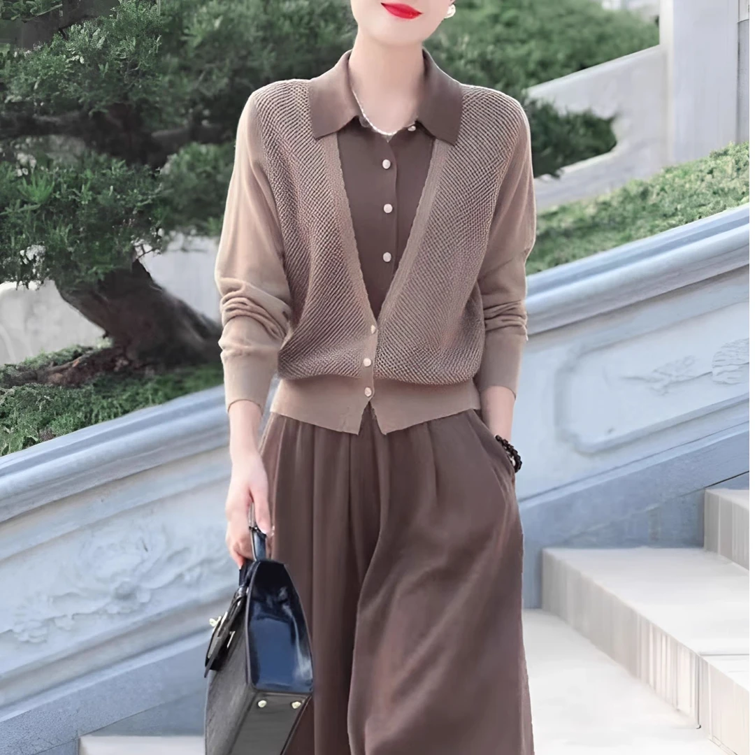 春季气质长袖毛针织套装洋气时尚百搭假两件减龄早秋显瘦上衣女