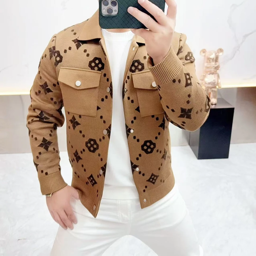 男士针织夹克2025秋冬新款时尚个性口袋设计提花百搭修身翻领外套