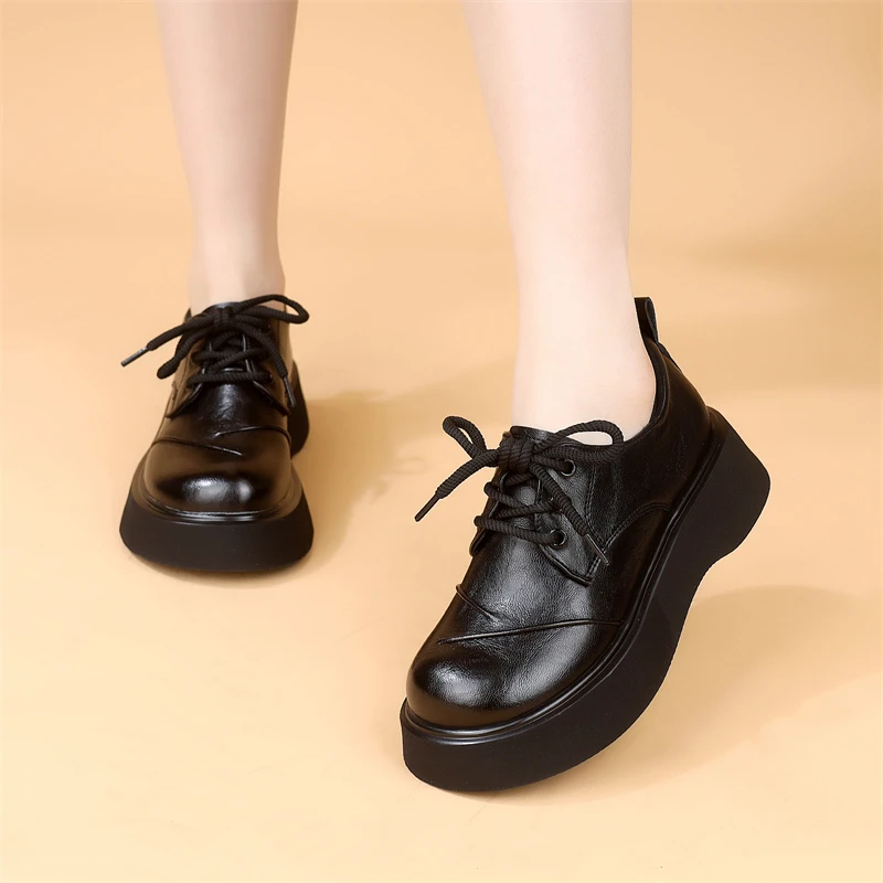真皮厚底乐福鞋女2025春季新款百搭学院系带英伦风单里增高小皮鞋