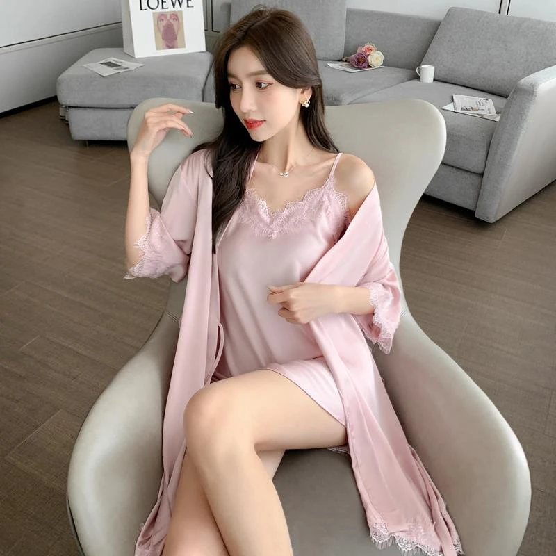GPSUNLU睡裙夏季冰丝绸吊带睡衣女款短袖薄款性感V领睡袍新款