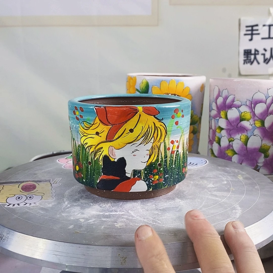 紫砂花盆红陶手绘盆满28包邮
