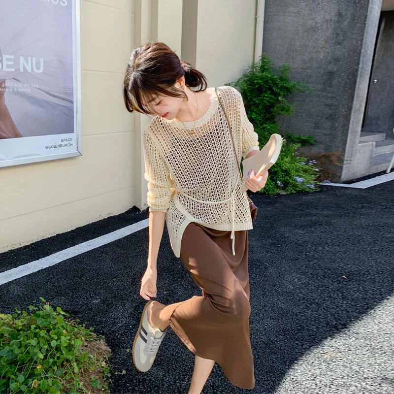 美拉德针织镂空罩衫吊带裙2025早秋新款优雅气质法式氛围感套装裙