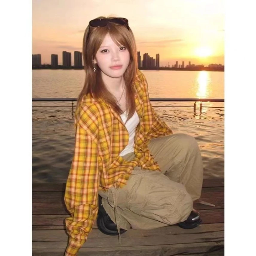 多巴胺黄色格子衬衫男女情侣款开衫上衣外套衬衣薄款宽松夏季新款