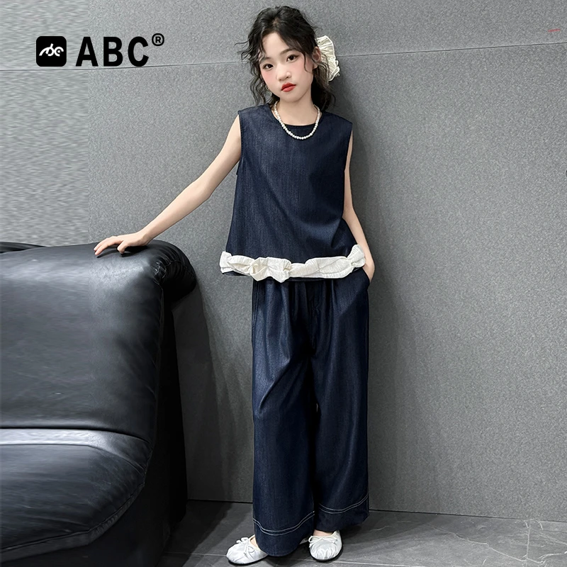 ABC女童夏季套装2025新款儿童韩版牛仔两件套中大童女孩无袖夏装