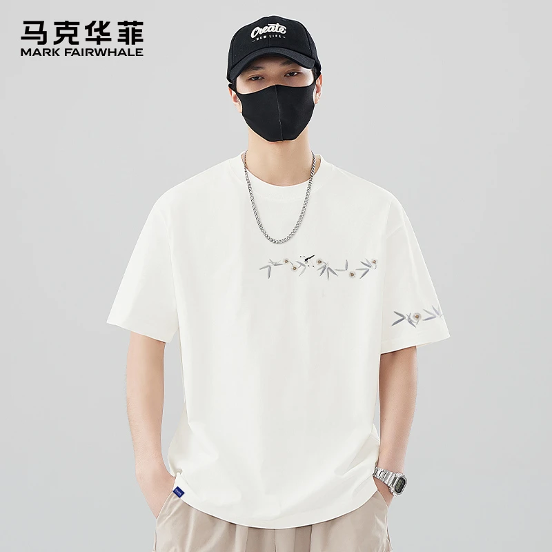 MARK FAIRWHALE/马克华菲国风刺绣短袖T恤夏季宽松圆领冰丝体恤男