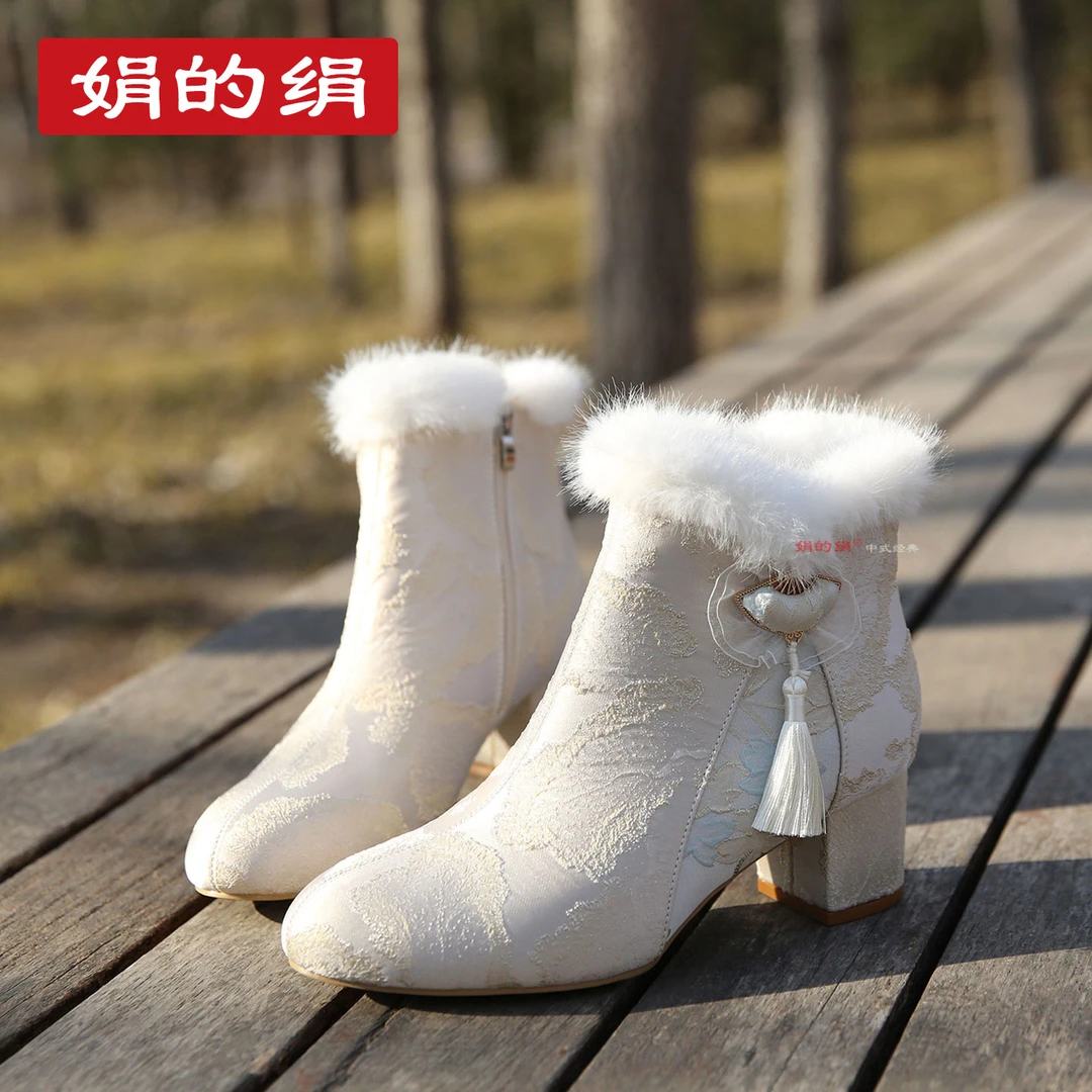 冬季加绒保暖粗跟流苏装饰复古时装靴国风旗袍短靴女民族风汉服鞋