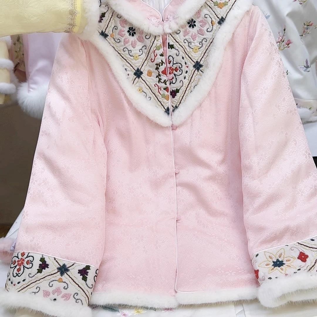 织绣真丝粉色正绢棉服