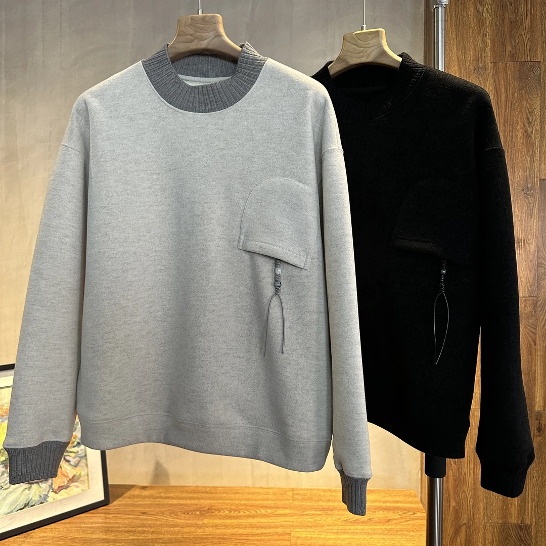 （楠悦）冬季新品针织圆领加绒加厚卫衣时尚贴袋休闲宽松潮流长袖