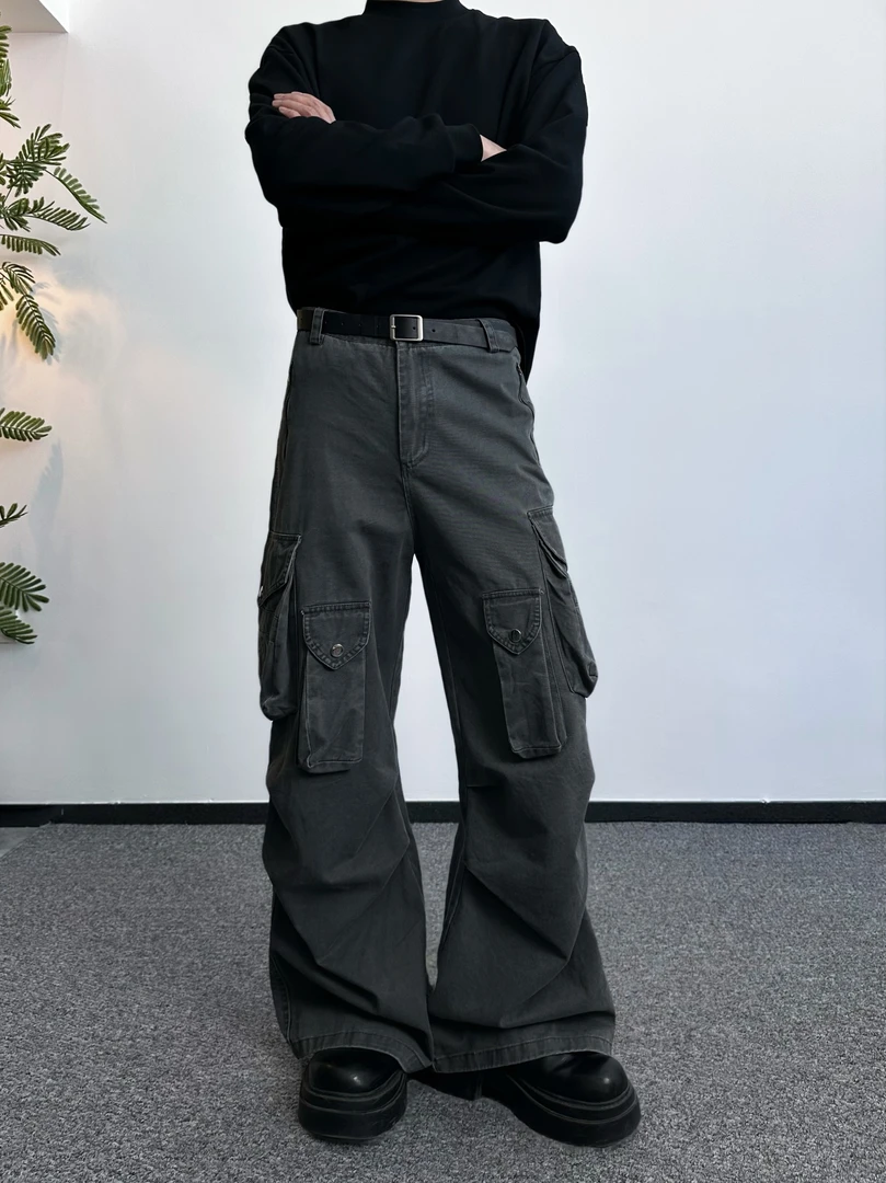 MIH！美式复古褶皱设计感多口袋直筒工装裤男女高街vibe阔腿休闲裤