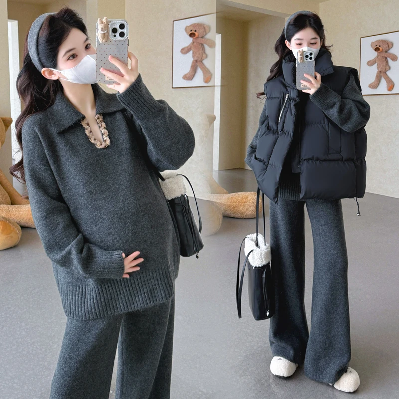 实拍秋冬新品~孕妇秋冬加厚翻领v领编织套头毛衣阔腿裤休闲套装