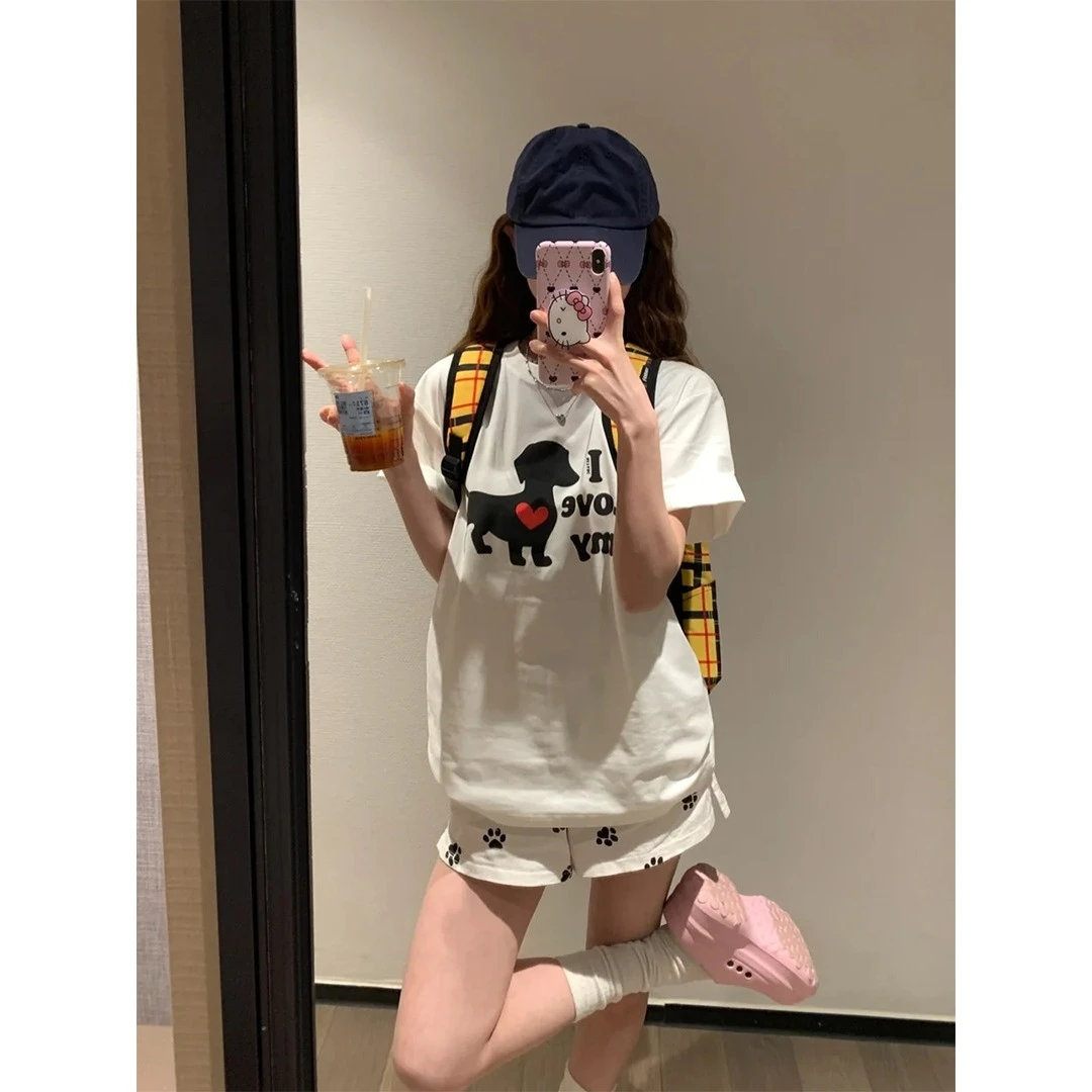 夏季白色卡通小狗印花外穿短袖t恤女宽松显瘦百搭休闲韩版上衣服