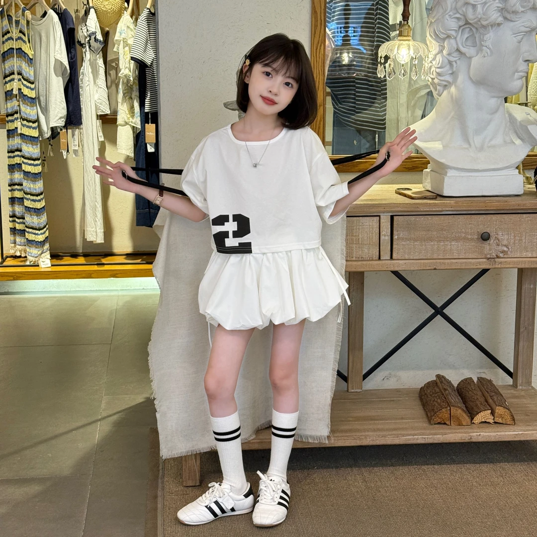 女童2025夏季新款甜酷洋气显瘦休闲运动时尚宽松短袖花苞裙两件套