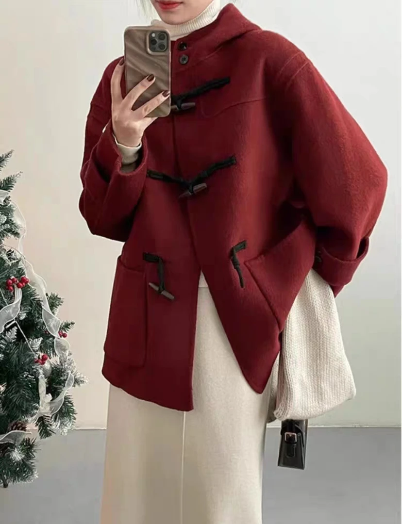 连帽牛角扣款秋冬保暖学院风羊毛大衣外套百搭