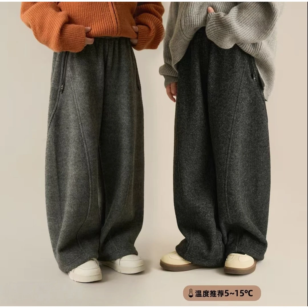 儿童加绒简约休闲弯刀裤2025冬季新款男女童韩版宽百搭宽松长裤潮