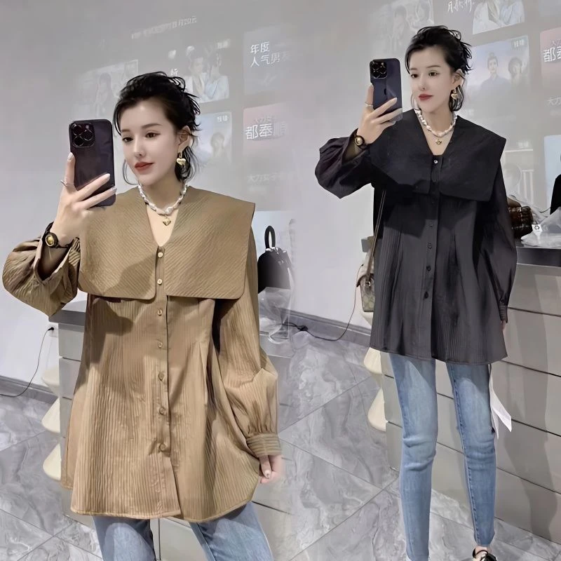 欧洲站洋气拼接海军领束腰坑条外套女纯色上衣2025秋装新款衬衫潮