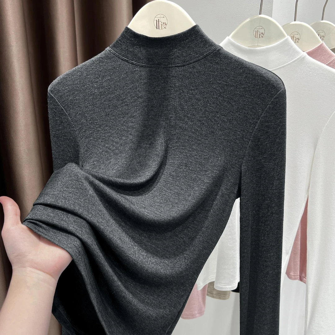 灰色简约半高领基础款针织T恤上衣女秋冬新款长袖柔软修身打底衫