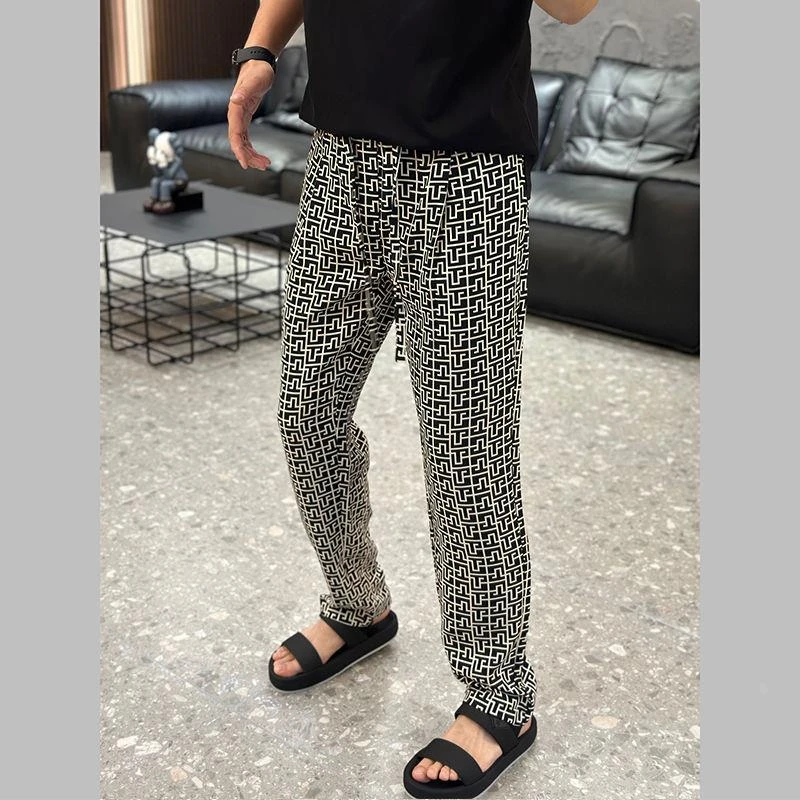 2025夏季高品质提花冰丝醋酸垂感运动直筒休闲裤男宽松欧货长裤子