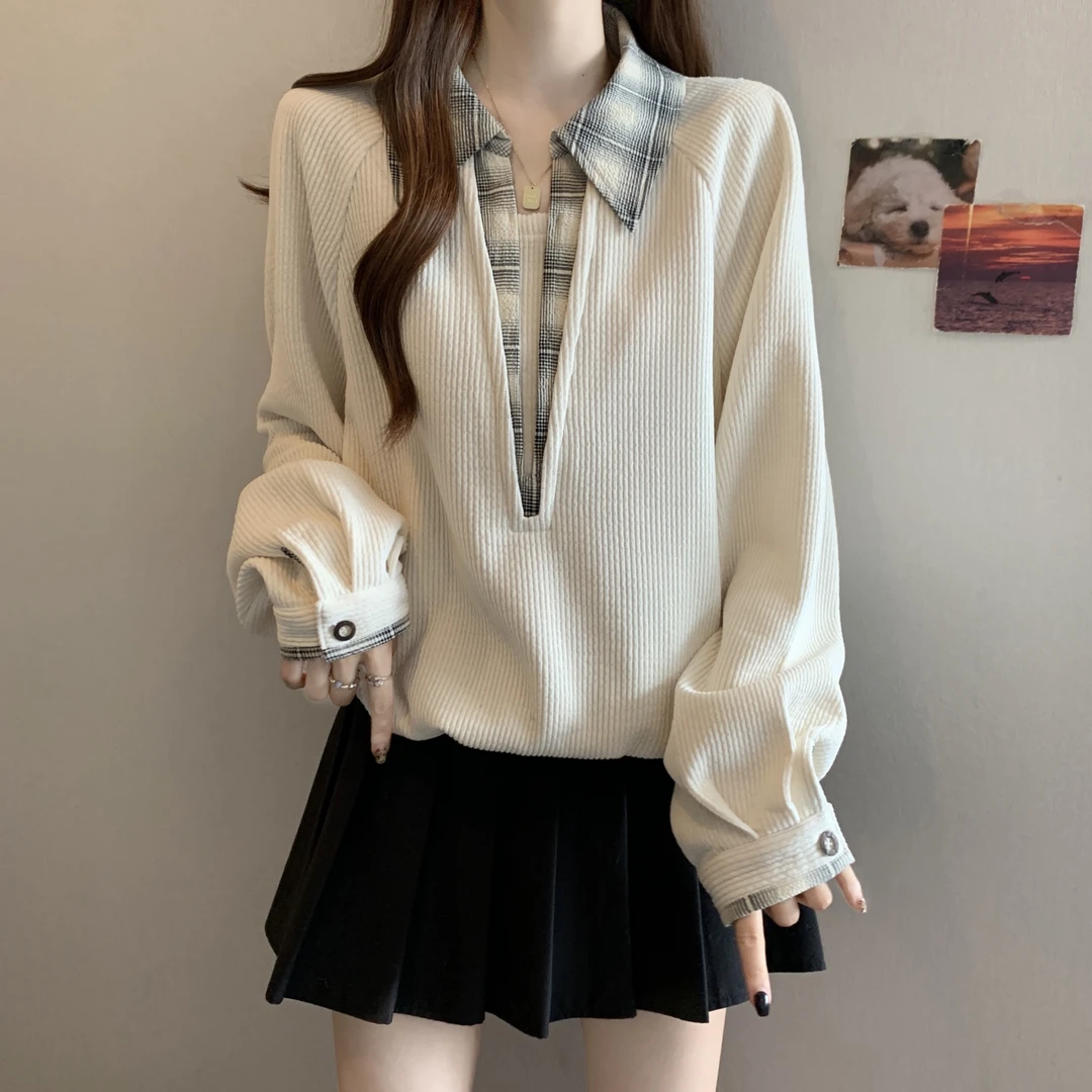 大码假两件格子拼接卫衣女秋冬洋气休闲百搭胖mm宽松遮肉显瘦上衣