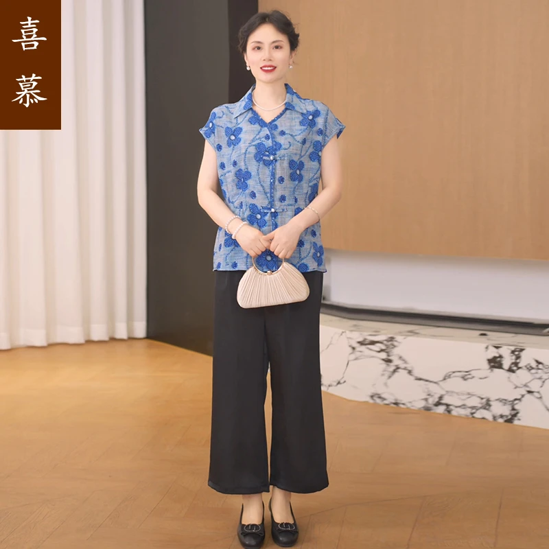 2025新款中年妈妈夏装立体印花衬衣上衣服洋气中老年女装小衫套装