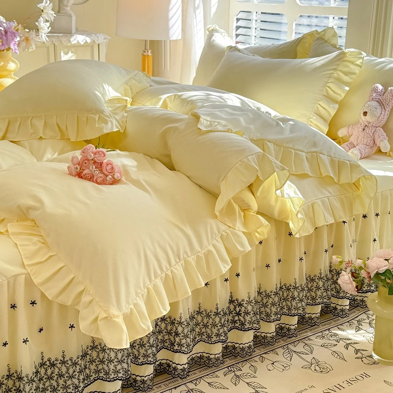 韩版公主风床裙四件套蕾丝花边少女心云朵棉床罩纯色床上用品春夏