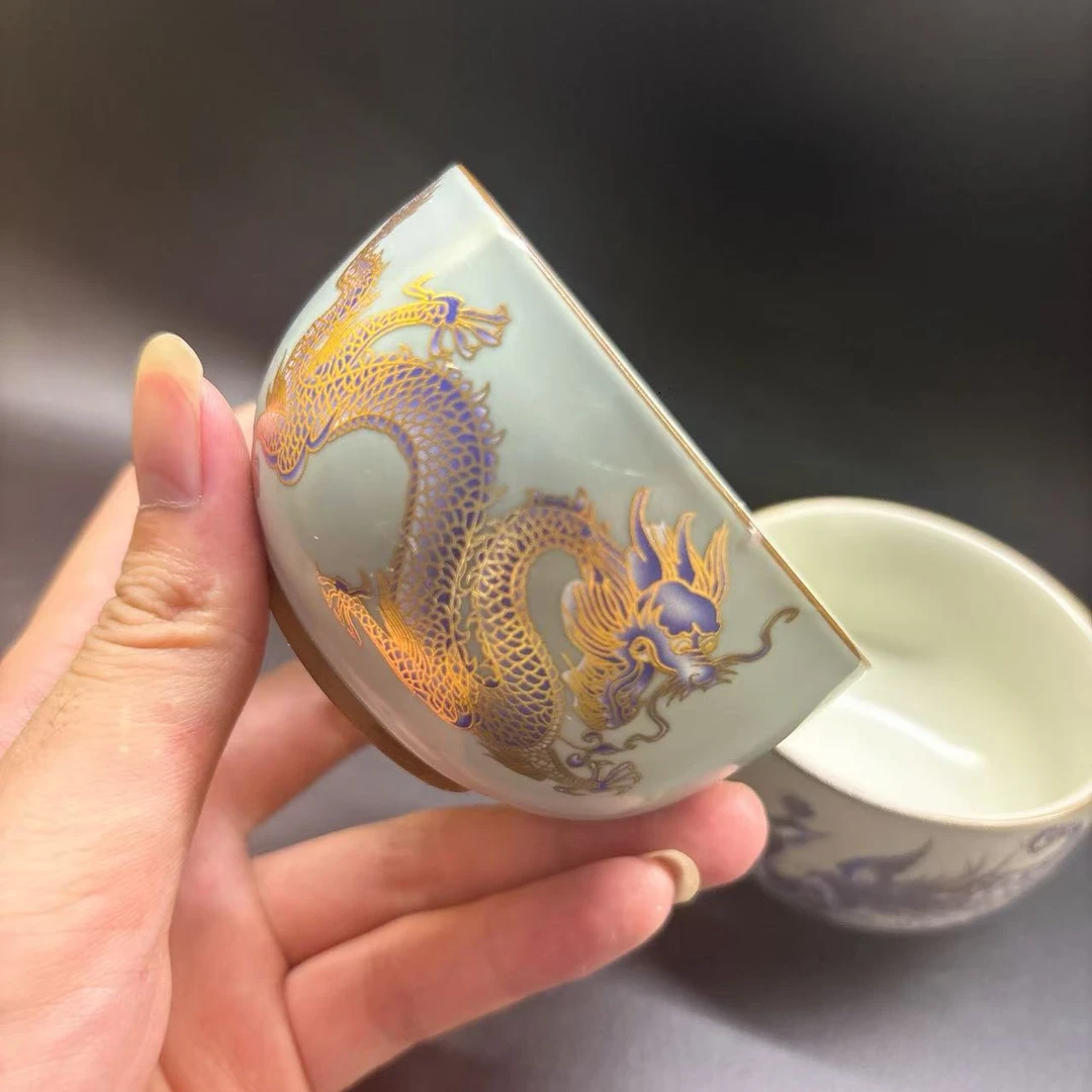蓝釉手工珐琅彩银龙主人杯复古杯高档手绘陶瓷1744茶杯【直播专享】