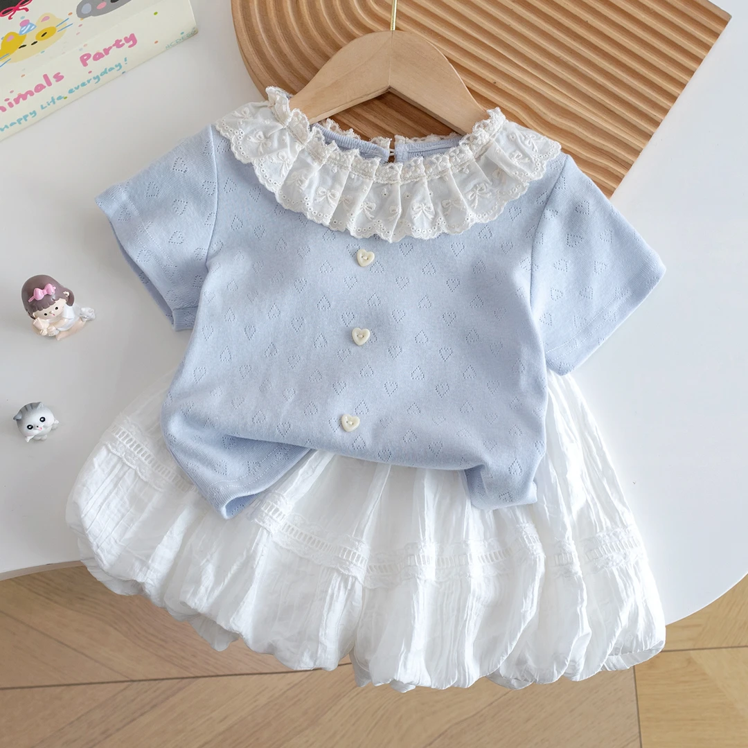 女童套装两件套夏装蓝色花边上衣+白色花苞裤夏装小朋友洋气夏装