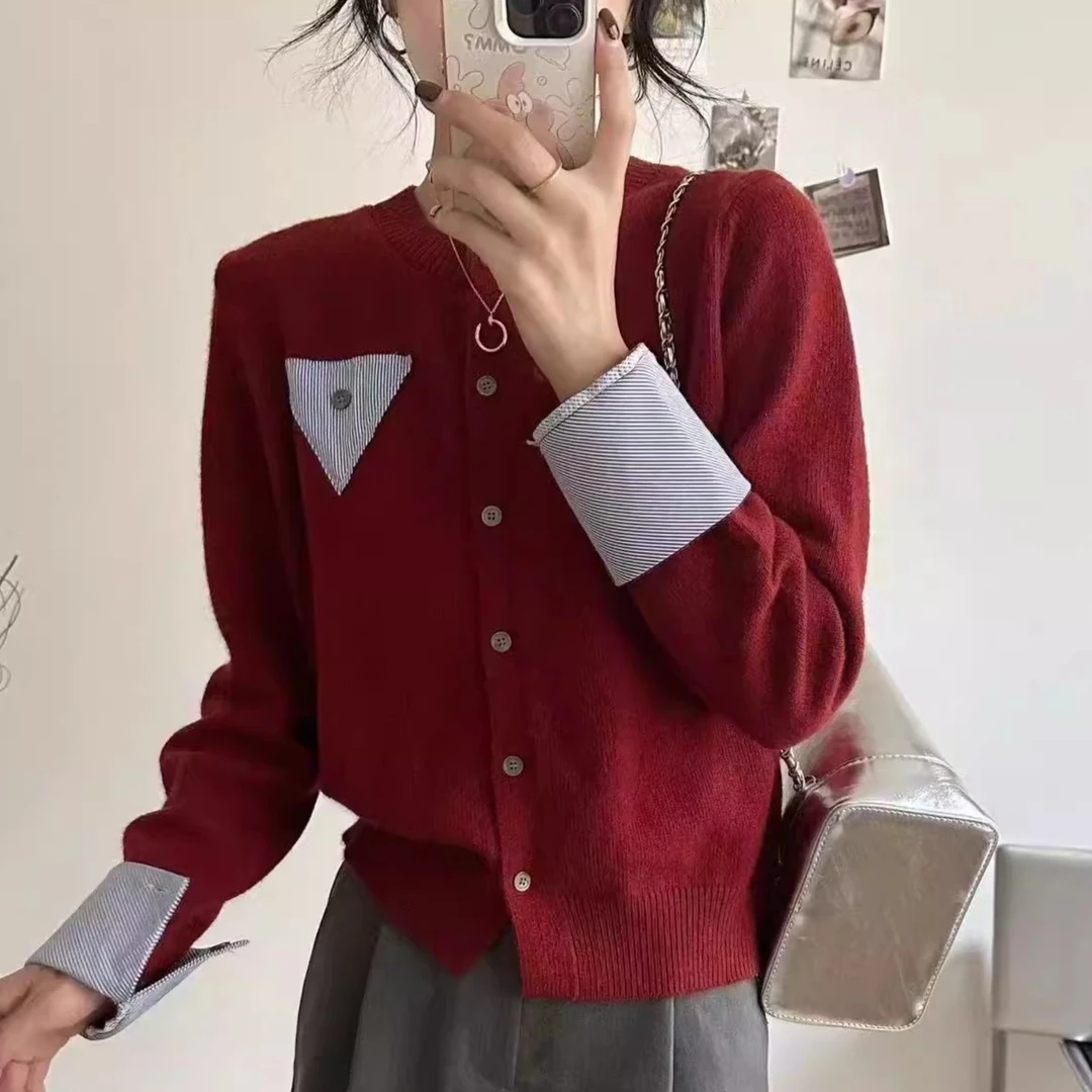 【三角标-红】欧货衬衫袖子拼接针织开衫上衣女秋冬季假两件