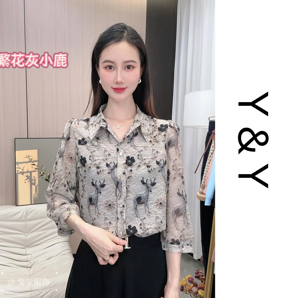 2025年夏季新款时尚百搭七分袖套头衬衫女洋气减龄上衣小衫衬衣