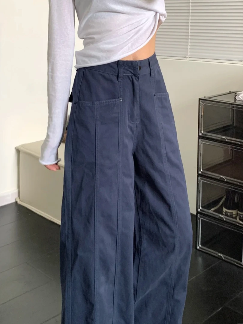 藏青色直筒阔腿裤子女秋季新款大码胖mm显瘦梨形身材遮胯休闲长裤