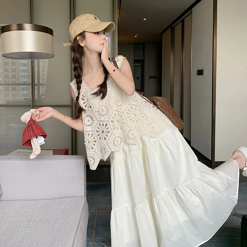 米白色蕾丝钩花镂空马甲套装裙女2025夏季新款一整套连衣裙两件套