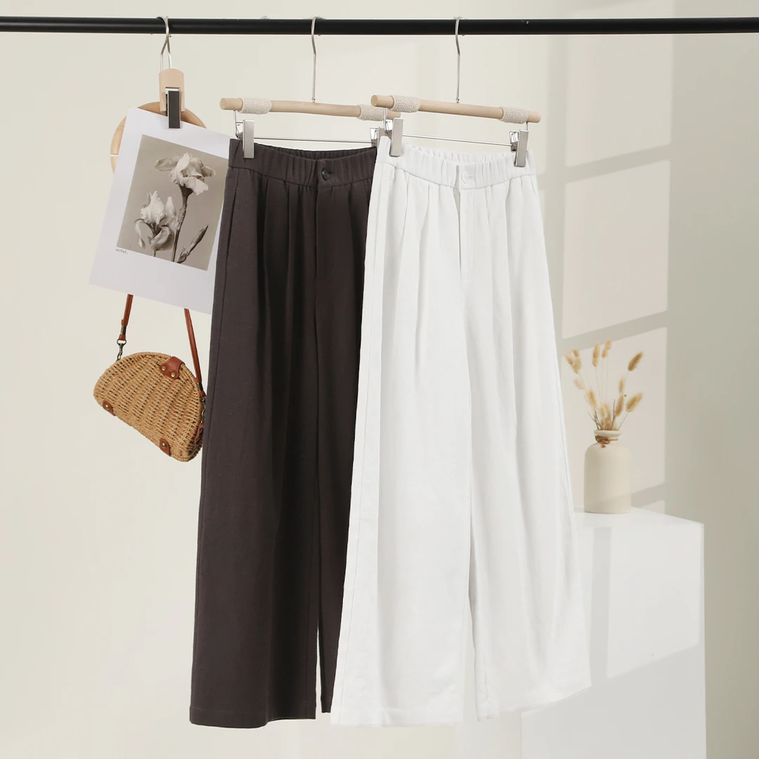 索菲丝尔棉麻压褶松紧腰阔腿裤2025春季新款简约休闲九分裤511083