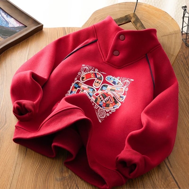 儿童红色喜庆拜年服萌娃新年加绒加厚卫衣中大通洋气国风套头上衣
