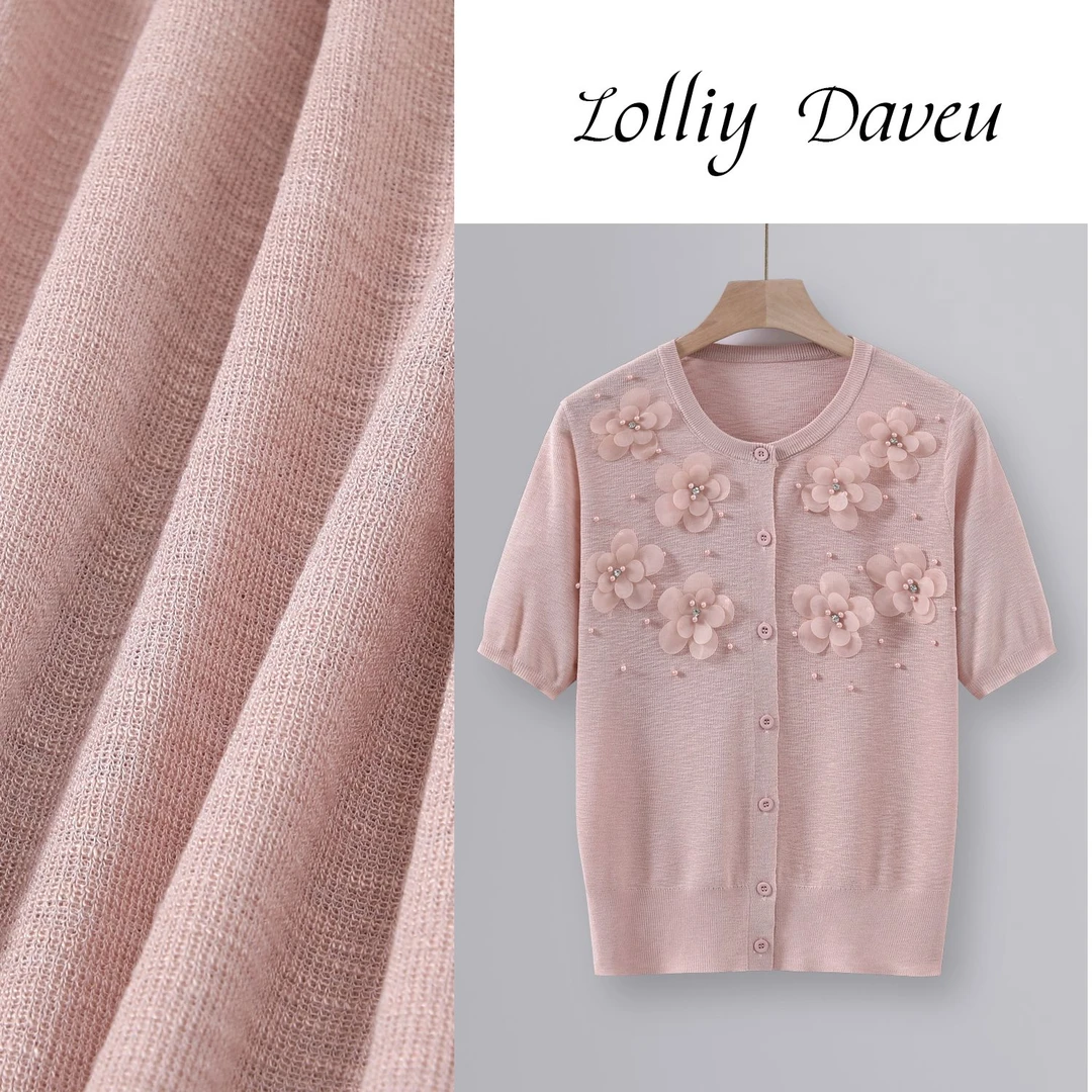 欧若娅花朵针织短袖春夏新款时尚百搭T恤衫2025夏季开衫上衣