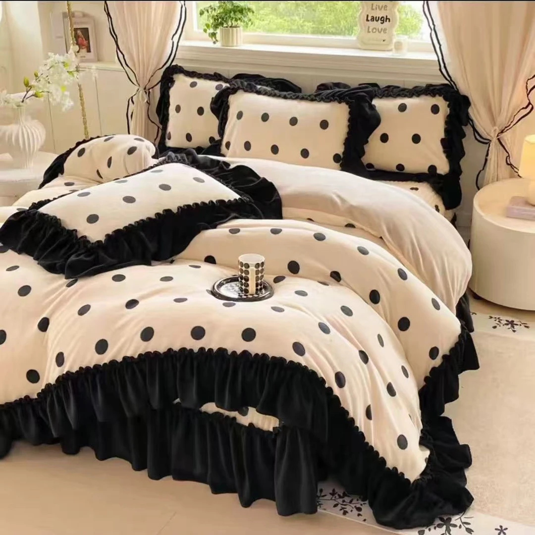 赫本风秋冬加厚保暖牛奶绒四件套花边床盖四件套