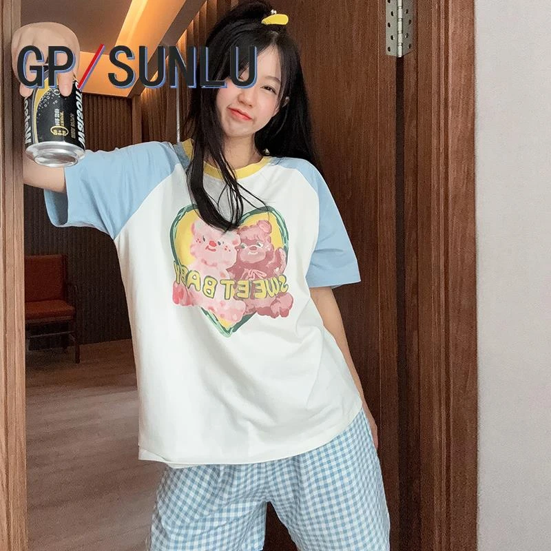 日本小众GP双子熊短袖短裤长裤卡通棉质睡衣女夏季圆领套头可外穿