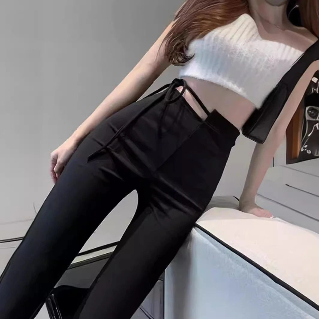 不规则高腰微喇叭裤女春夏绑带修身显瘦马蹄裤黑色休闲拖地长裤潮