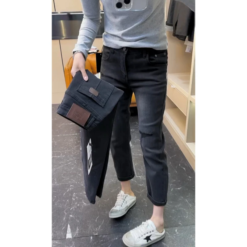 Aimeerosa/艾洛莎牛仔裤高弹显瘦八分裤潮流时尚百搭假破洞烟管裤