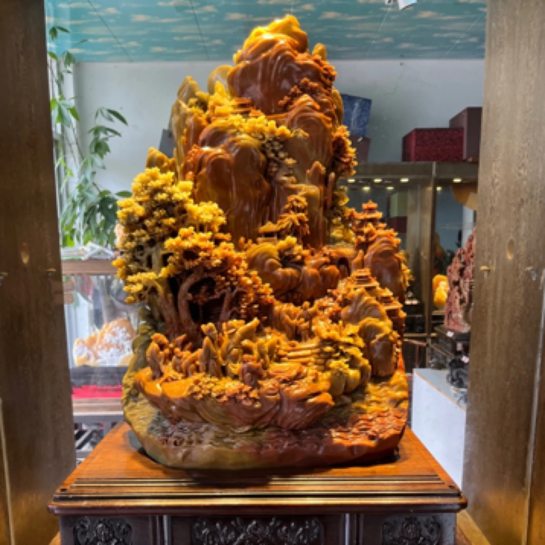 寿山石山水雕刻摆件高山流水色彩艳丽工艺品客厅玄关摆放