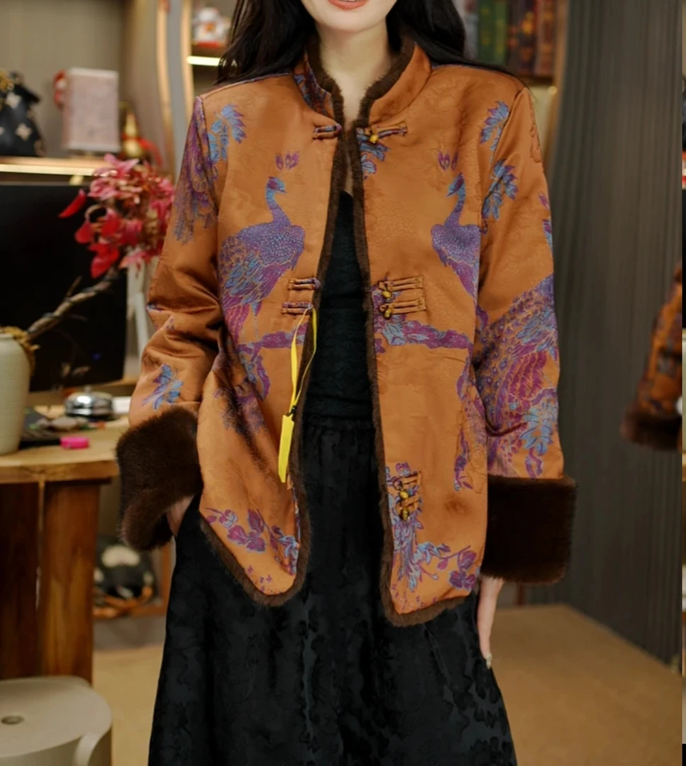 【8529】金翎—高端圆领新中式时尚复古加绒加厚水貂双面双穿外套