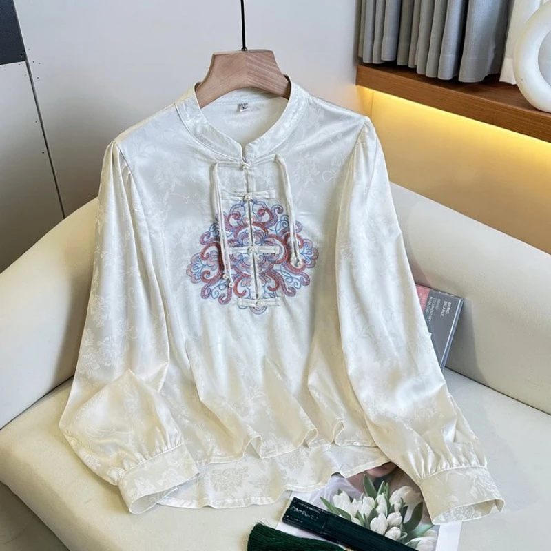 新中式国风刺绣拼接衬衫女2025早春新款高级感复古盘扣小衫上衣潮