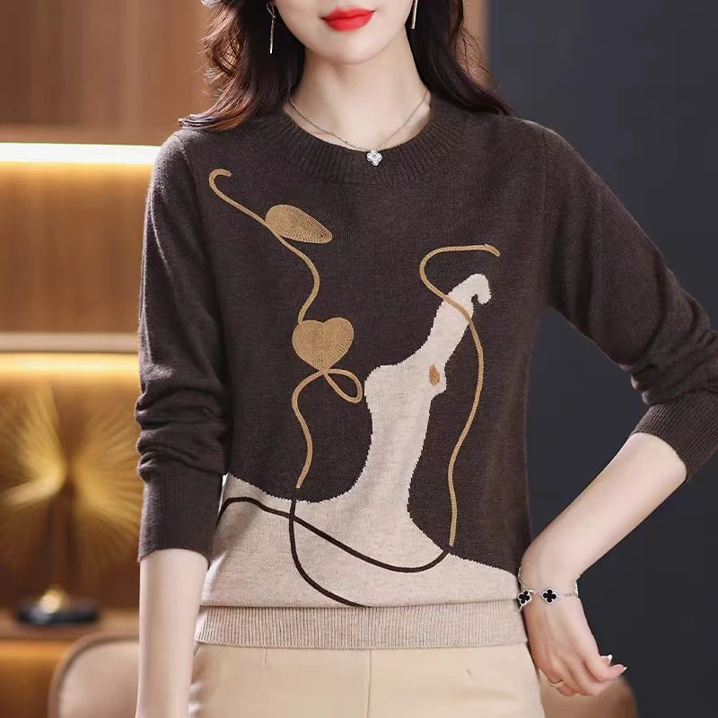 【盘花-咖】短款毛衣女秋冬妈妈圆领百搭羊毛衫2024新款针织打底衫