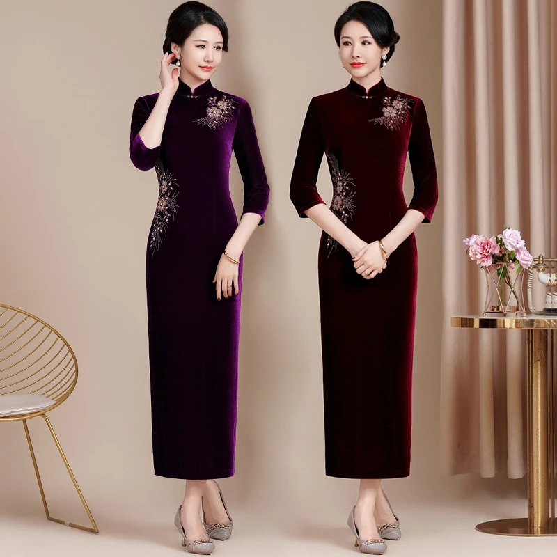 7991手工钉珠丝绒喜婆婆喜妈妈敬酒服七分中袖日常改良旗袍连衣裙