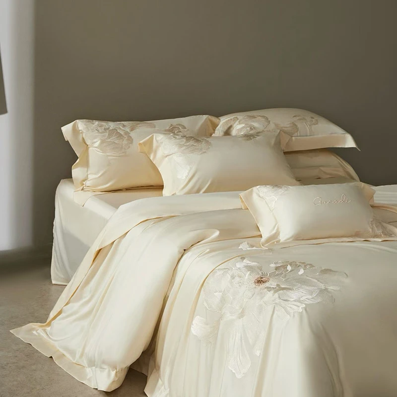 【蓝韵之美】 GUCADI如玉缎重工绣花款四季柔软亲肤裸睡轻奢四件套