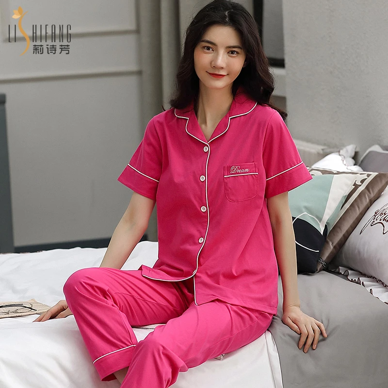 玫红色睡衣女款夏季纯棉短袖长裤薄款开衫女士家居服套装