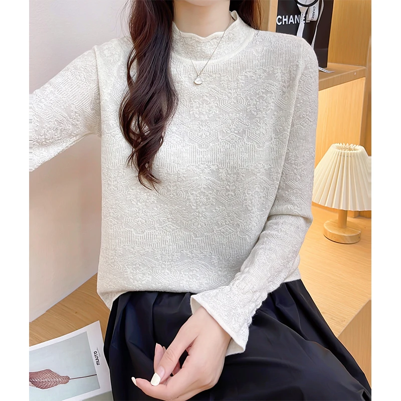 半高领打底衫女针织衫春装新款时尚洋气宽松毛衣勾花内搭上衣长袖