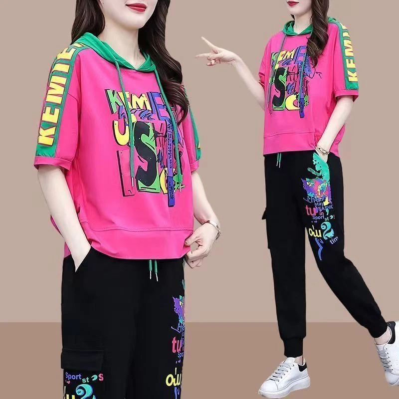 连帽休闲运动服套装女夏季2025新款宽松洋气印花设计百搭两件套潮